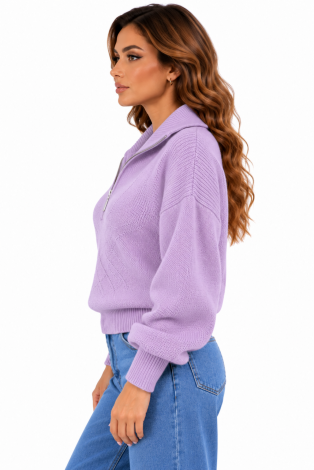 Women's knitted short-zip oversized cardigan lavender