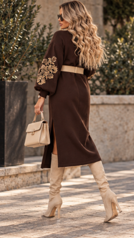 Dark Chocolate Warm Midi Dress in Brushed French Terry with Silk Embroidery