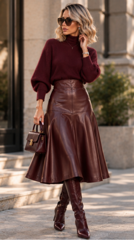 Burgundy A-line midi leather skirt with an elastic waistband and zipper