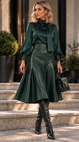 Emerald Green A-line midi leather skirt with an elastic waistband and zipper 