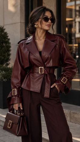 Burgundy Cropped Leather Trench Coat with Belt