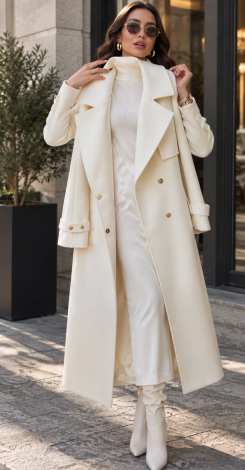 Double-breasted trench coat in premium ivory cashmere with gold-tone hardware 