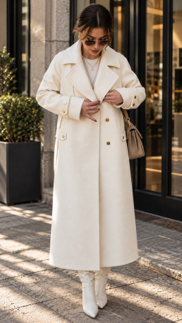 Double-breasted trench coat in premium ivory cashmere with gold-tone hardware 