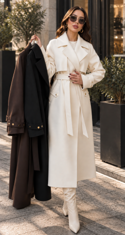 Double-breasted trench coat in premium ivory cashmere with gold-tone hardware 