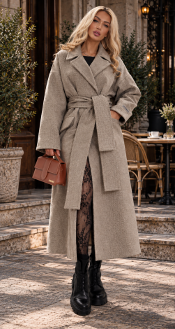 Оверсайз пальто макси с поясом в узор «ёлочка» Beige Herringbone — LEMANTA