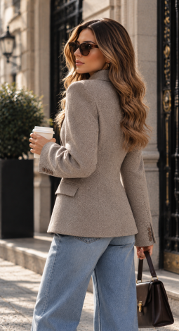 Women’s tailored jacket with a stand-up collar in a Beige Herringbone pattern  - Image 4