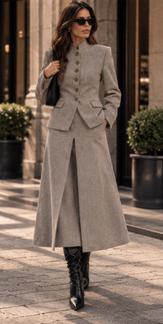 Beige Herringbone Cashmere Suit — featuring a tailored, stand-collar jacket and a maxi skirt with box pleats