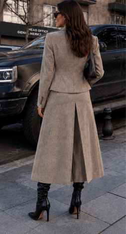 Beige Herringbone Cashmere Suit — featuring a tailored, stand-collar jacket and a maxi skirt with box pleats - Image 4