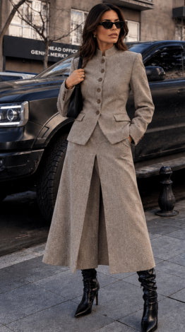 Beige Herringbone Cashmere Suit — featuring a tailored, stand-collar jacket and a maxi skirt with box pleats