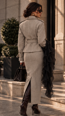 Beige Herringbone Cashmere Set: Trench-Style Jacket and Maxi Skirt 