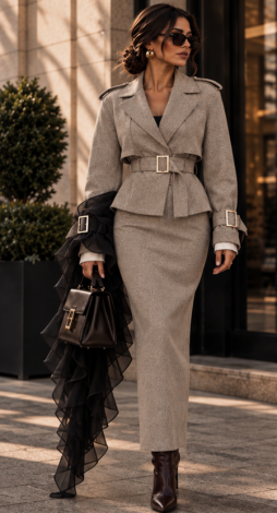 Beige Herringbone Cashmere Set: Trench-Style Jacket and Maxi Skirt 