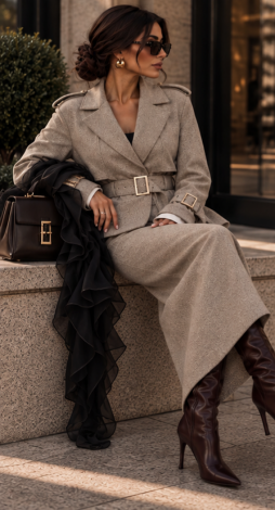 Beige Herringbone Cashmere Set: Trench-Style Jacket and Maxi Skirt 
