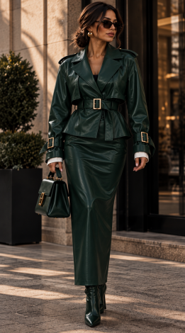 Emerald Green Leather Set: Trench-Style Jacket and Maxi Skirt
