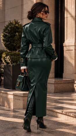 Emerald Green Leather Set: Trench-Style Jacket and Maxi Skirt - Image 6