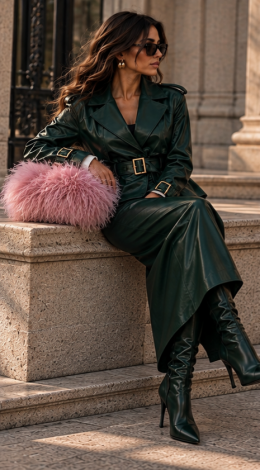 Emerald Green Leather Set: Trench-Style Jacket and Maxi Skirt