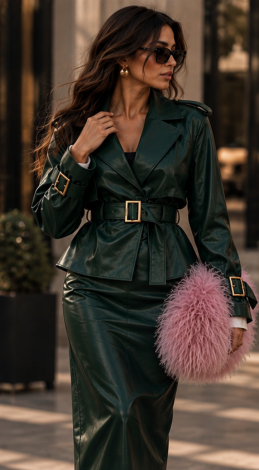 Emerald Green Leather Set: Trench-Style Jacket and Maxi Skirt