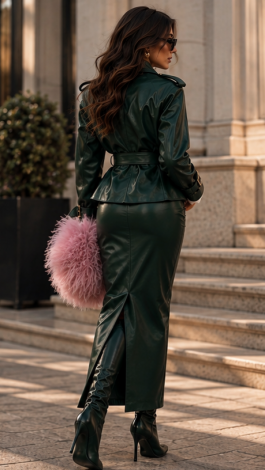 Emerald Green Leather Set: Trench-Style Jacket and Maxi Skirt - Image 5