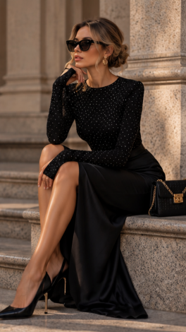 Onyx Crystal black long-sleeve top with crystals and cuff cutouts