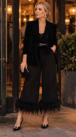 Onyx Black Culottes with Genuine Ostrich Feathers