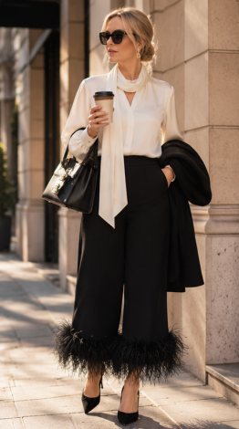 Onyx Black Culottes with Genuine Ostrich Feathers