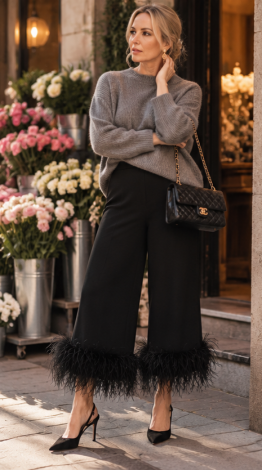 Onyx Black Culottes with Genuine Ostrich Feathers - Image 4