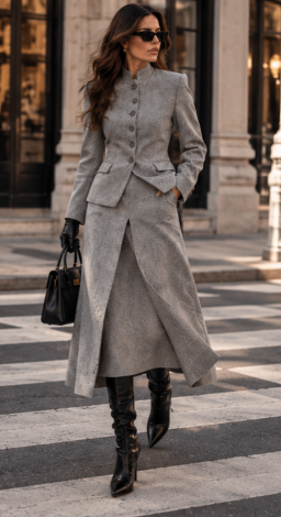 Кашемировый костюм с жакетом и юбкой макси со складками Grey Herringbone 
