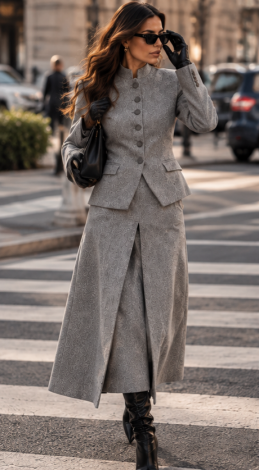 Кашемировый костюм с жакетом и юбкой макси со складками Grey Herringbone 