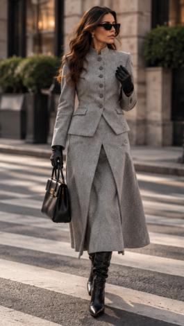 Кашемировый костюм с жакетом и юбкой макси со складками Grey Herringbone 