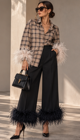 Beige Plaid shirt with detachable ostrich feathers
