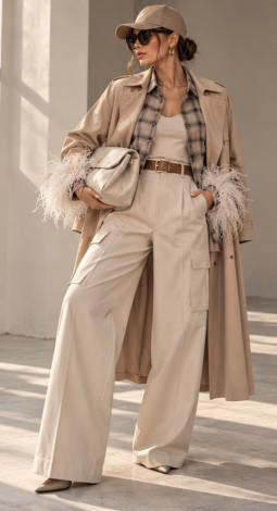 Beige Plaid shirt with detachable ostrich feathers - Image 4