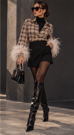 Beige Plaid shirt with detachable ostrich feathers - Image 5
