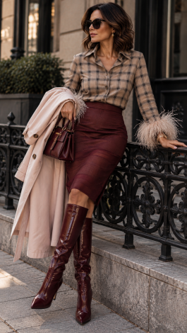 Beige Plaid shirt with detachable ostrich feathers