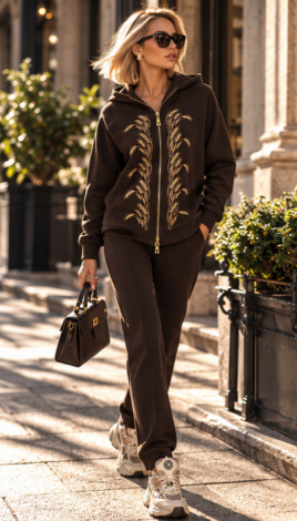 Insulated tracksuit with exclusive Wheat Ears embroidery — Dark Chocolate 