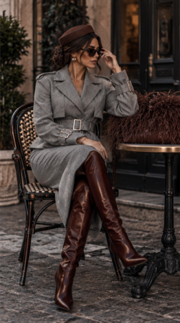 Grey Herringbone Cashmere Two-Piece Suit (Trench-Style Jacket & Midi Skirt) - Image 4
