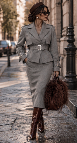 Grey Herringbone Cashmere Two-Piece Suit (Trench-Style Jacket & Midi Skirt)