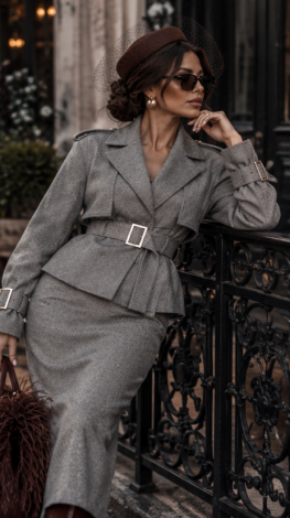 Grey Herringbone Cashmere Two-Piece Suit (Trench-Style Jacket & Midi Skirt)