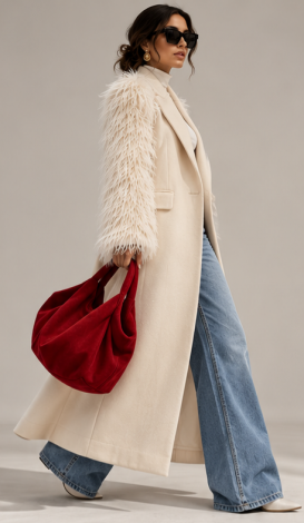 Double-breasted maxi coat in a Light Milk shade, featuring voluminous sleeves made of long-pile faux fur