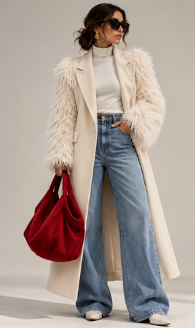 Double-breasted maxi coat in a Light Milk shade, featuring voluminous sleeves made of long-pile faux fur