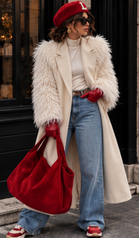 Double-breasted maxi coat in a Light Milk shade, featuring voluminous sleeves made of long-pile faux fur