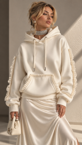 Oversized Light Milk hoodie with ruffles — crafted from premium loop-back French terry by LEMANTA.