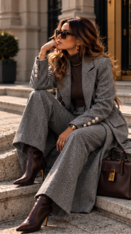 Grey Herringbone cashmere two-piece trouser suit