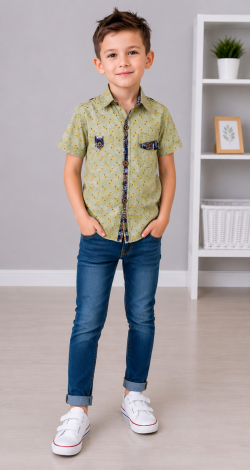 Olive Short Sleeve Shirt for Boys 3-6 Years with Print