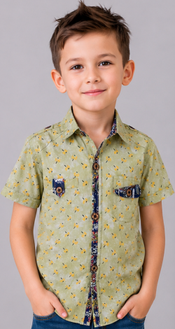 Olive Short Sleeve Shirt for Boys 3-6 Years with Print