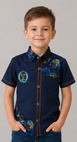 Stylish dark blue short sleeve shirt for boys with colorful decorative details
