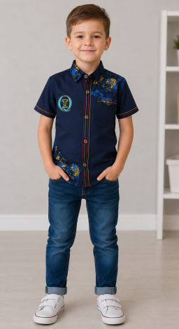 Stylish dark blue short sleeve shirt for boys with colorful decorative details