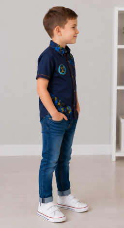 Stylish dark blue short sleeve shirt for boys with colorful decorative details