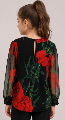 Girls black blouse with chiffon sleeves and red flowers