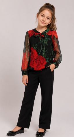Girls black blouse with chiffon sleeves and red flowers