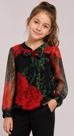 Girls black blouse with chiffon sleeves and red flowers