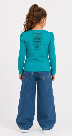 Girls turquoise sweatshirt with rhinestone bow print - Image 4